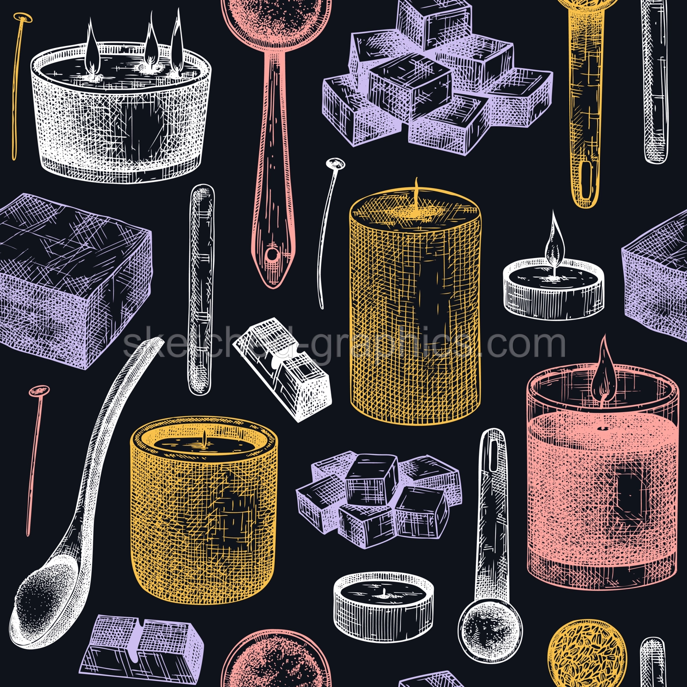 Aromatic candles making kit background. Vector backdrop with candle ingredients, wax and fragrant materials. Seamless pattern for aromatherapy, hygge home or holiday decoration, meditation. Illustration